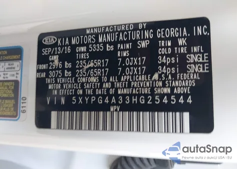 2017 Kia Sorento 2.4L Lx z USA, uszkodzony, nr VIN 5XYPG4A33HG254544